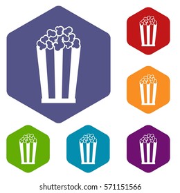 Popcorn in striped bucket icons set rhombus in different colors isolated on white background