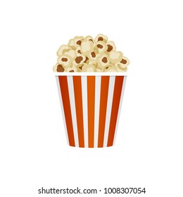 Popcorn in striped bucket, isolated on white. Flay style