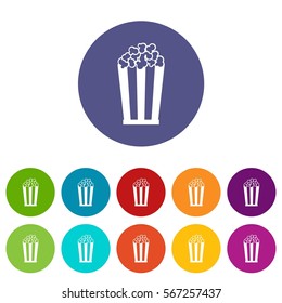 Popcorn in striped bucket set icons in different colors isolated on white background