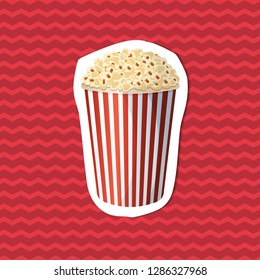 Popcorn in striped bucket - sticker on red striped background. Graphic design elements for menu, packaging, advertising, poster, brochure or background. Vector illustration of fast food