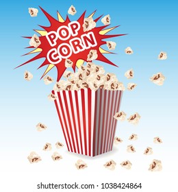 Popcorn in a striped container, the explosion of the inscription of exploding popcorn