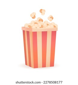 Palomitas de maíz en la ilustración 3D de la caja de papel a rayas. Dibujo de caricatura de un contenedor con bocadillo para el cine al estilo 3D sobre fondo blanco. Comida rápida, entretenimiento y ocio