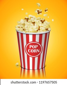 Popcorn in a striped plastic cup on a yellow background. Highly detailed illustration