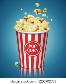 Popcorn in a striped plastic cup on a yellow background. Highly detailed illustration