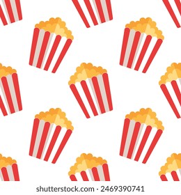 popcorn in stripped red cardboard box on white background, isolated, vector seamless pattern, flat style 