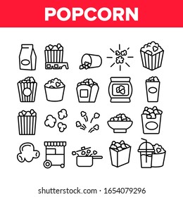 Popcorn Tasty Snack Collection Icons Set Vector. Glasses, Cup With Drink And Paper Bucket Filled Popcorn For Watch Movie In Cinema Concept Linear Pictograms. Monochrome Contour Illustrations