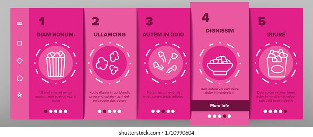 Popcorn Tasty Snack Onboarding Icons Set Vector. Glasses, Cup With Drink And Paper Bucket Filled Popcorn For Watch Movie In Cinema Illustrations