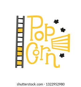 Popcorn text label with popping, film strip, and striped basket. Hand drawn typography sign. Black and yellow logo. Vector illustration.Graphic Design for print on pack, packaging, poster, banner,card