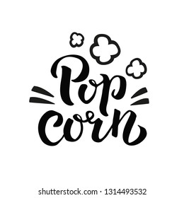 Popcorn text label with popping. Hand drawn brush pen typography sign. Black and white logo.Vector illustration. Graphic Design for print on poster, t-shirt print,social media content, card invitation