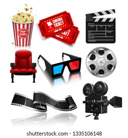 Popcorn, tickets, theater chair, glasses, film, camera, reel,  clapperboard  on the white reflection background. 3D vector. High detailed realistic illustration