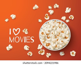 Popcorn top view. Realistic round cardboard bucket with cinema snacks, salted and caramel flakes, food for watching movies, advertising banner isolated on orange