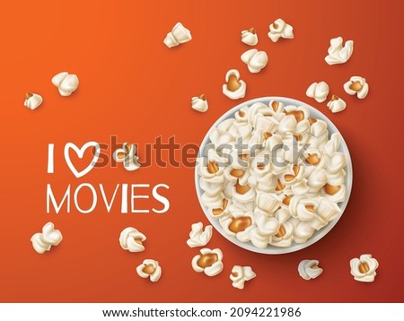 Popcorn top view. Realistic round cardboard bucket with cinema snacks, salted and caramel flakes, food for watching movies, advertising banner isolated on orange