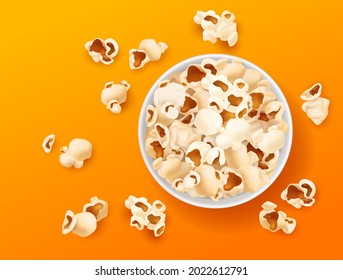 Popcorn top view. Realistic snacks in paper bucket, cup corn souffles on bright color background, salted and caramel sweet fast foods. Cinema snack, yellow backdrop. Vector isolated concept