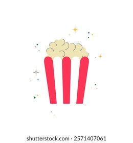 Popcorn Tub With Sparkles In Flat Vector Illustration Symbolizing Entertainment, Movies, And Snacks, Isolated On White Background