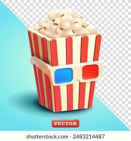 Popcorn uses 3D film glasses, 3d vector. Suitable for cinema and design elements