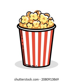 Popcorn vector cartoon style illustration isolated on white, watch movie in theater or TV at home.