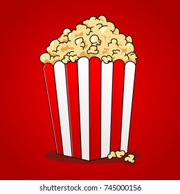 Popcorn vector color illustration. eps 10 popcorn. Carton red and white bucket full popcorn. Illustration for menu, web, poster, banner