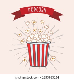 Popcorn. Vector color illustration. Freehand drawing in cartoon style. Vintage poster design.