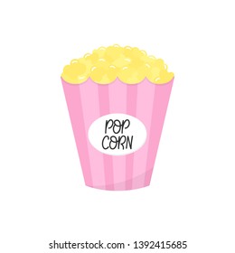 Popcorn vector graphic illustration. Pink striped paper box full of popcorn. Isolated. 