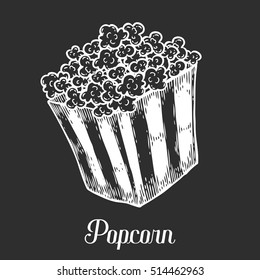 Popcorn Vector hand drawn sketch vector illustration, popcorn stripe bucket. Sketch design. Cinema snack fast food.