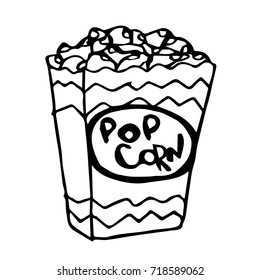 Popcorn vector illustration. Sketch. Cinema snack. Doodle style. Design icon, print, logo, poster, symbol, decor, textile, paper