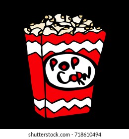 Popcorn vector illustration. Sketch. Cinema snack. Hand drawn fast food. Doodle style. Design icon, print, logo, poster, symbol, decor, textile, paper