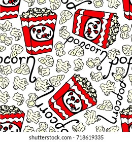 Popcorn vector illustration. Sketch. Cinema snack. Hand drawn fast food. Doodle style. Design icon, print, logo, poster, symbol, decor, textile, paper