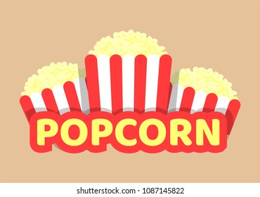Popcorn vector illustration with striped container pack isolated on beige background street food, sweet dish from corn gains, tasty snack in colorful packs