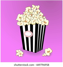 Popcorn vector illustration in striped lunch box. Colorful cinema meal on gradient pink background. Movie food  modern clipart design. 
