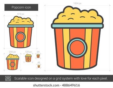 Popcorn, Vektorsymbol einzeln auf weißem Hintergrund. Popcorn Line Symbol für Infografik, Website oder App. Skalierbares Symbol, das auf einem Gittersystem entworfen wurde.