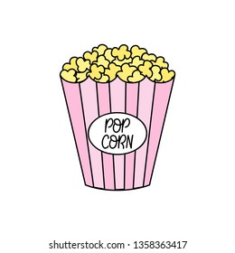 Popcorn vector outlined illustration. Pink striped paper box full of popcorn.  