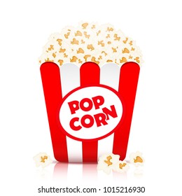 Popcorn vector, realistic illustration. Flakes of popcorn in a paper cup in red and white stripes, isolated on white background