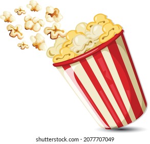 Popcorn viewed float Paper cup with popcorn on white isolated, Striped box container with delicious popcorn  on white background, red and white striped cardboard bucket