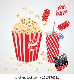 popcorn vintage  design template.Retro movie ticket time sign.Food and Drinks bucket vector illustration with googles