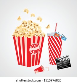 popcorn vintage design template.Retro movie time sign.Food and Drinks bucket vector illustration with googles