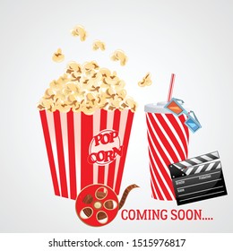 popcorn vintage design template.Retro popcorn sign.Food and Drinks vector illustration with googles and coming soon text