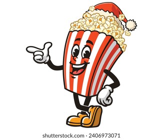 Popcorn wearing Christmas hats cartoon mascot illustration character vector hand drawn clip art