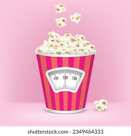 Popcorn with a weight scale. Diet concept. Vector.