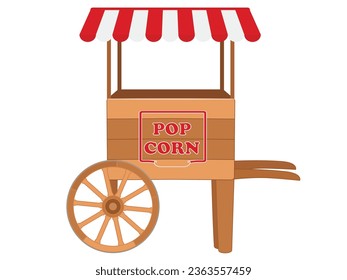 Popcorn wooden cart isolated on white, market stall, vector illustration