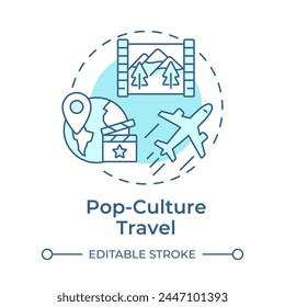 Pop-culture travel soft blue concept icon. Tourism trend. Movie set locations. Famous landmarks. Round shape line illustration. Abstract idea. Graphic design. Easy to use in blog post