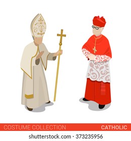 Pope and Cardinal catholic couple. Flat 3d isometric web site vector illustration. People in traditional costume collection.