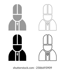 Pope catolic Man Church bishop set icon grey black color vector illustration image solid fill outline contour line thin flat style