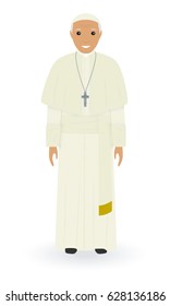 Pope character in soutane isolated on a white background. Supreme catholic priest stand alone in a everyday cassock. Religion people concept. Vector illustration.