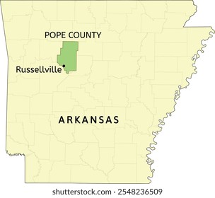 Pope County e cidade de Russellville localização no mapa do estado de Arkansas