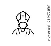 Pope icon. Simple line art illustration of the pope, featuring traditional papal attire and mitre with a cross. Ideal for religious, spiritual, or Vatican-related themes. Vector illustration