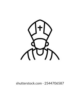 Pope icon. Simple line art illustration of the pope, featuring traditional papal attire and mitre with a cross. Ideal for religious, spiritual, or Vatican-related themes. Vector illustration