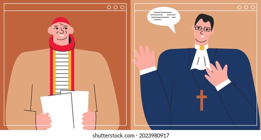 Pope listening to priest with video call app. Internet church conducting church services in live. Online conference between religious workers. Cartoon pastor concept design. Vector flat illustration