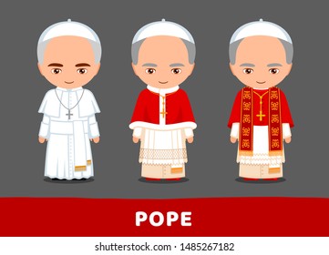 Papa. Vestidos ordinarios y corales. El Vaticano. Catolicismo. Conjunto de personajes de dibujos animados. Ilustración plana vectorial.