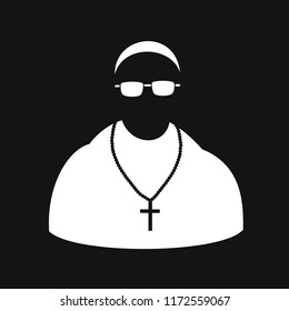 Pope, pontiff and cleric of roman catholic church - person wears habit, small cap on the head, glasses and christian cross. Vector illustration