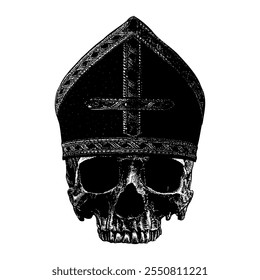 pope skull with mitre hand drawing vector isolated on white background.